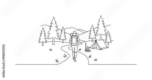 Backpack Adventure. Minimalistic one-line drawing hiker with pack on trail surrounded by trees and small campsite, continuous single black line on white