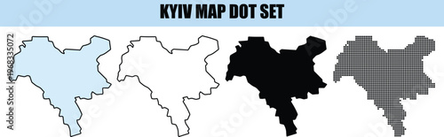 Kyiv Map Dot Set showing city silhouette in various styles isolated on white