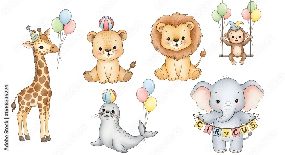 Fototapeta premium Cute circus animals set, watercolor illustrations for nursery. Baby giraffe, lion, elephant, seal and monkey with balloons and garlands. Hand drawn circus clipart collection isolated on white.