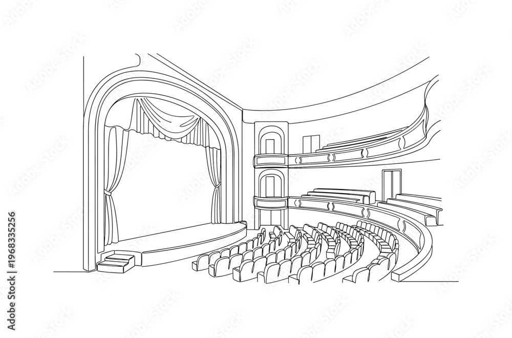 Fototapeta premium Vintage Theater Interior. Minimalistic one-line drawing old theater hall with stage and seating rows, continuous single black line on white background, simple