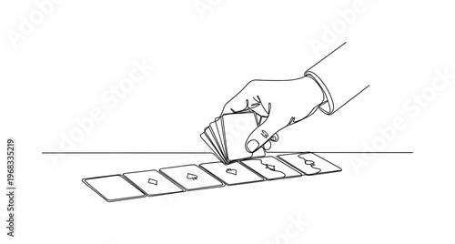 Card Strategy. Minimalistic one-line drawing hand arranging cards in sequence on table, continuous single black line on white background, simple outline style,
