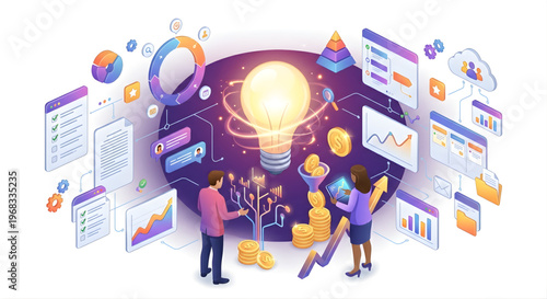 3D isometric vector illustration of startup innovation and idea development