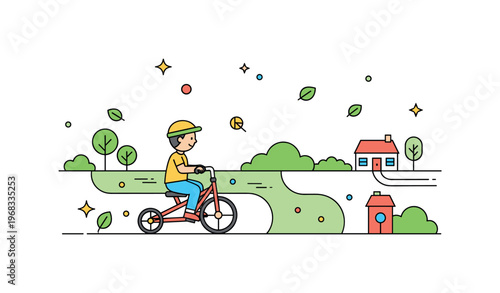 Tricycle ride backyard adventure scene where a child pedals along garden paths while tiny sparkle and leaf icons highlight curiosity, outdoor play, and