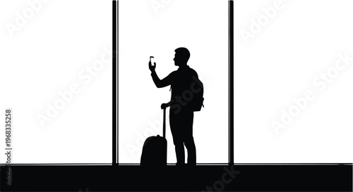silhouette of traveler with luggage using smartphone