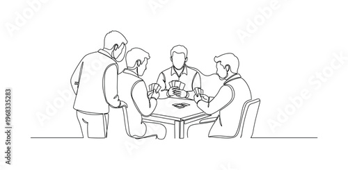 Game of Cards. Minimalistic one-line drawing players holding cards and interacting, continuous single black line on white background, simple outline style, no