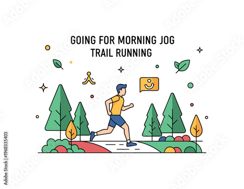 Going for a morning jog trail crossing scene where a jogger passes a small wooden bridge over a stream while tiny sparkle and wave icons highlight connection