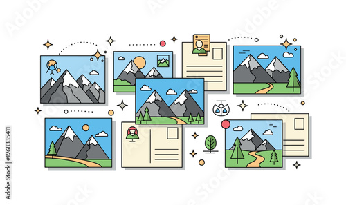 Collection of postcards mountain adventure concept where postcards show peaks, lakes, and trails while tiny sparkle and leaf icons highlight exploration,