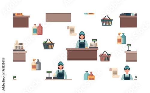 service worker behind the counter seamless pattern, repeating pattern, surface design, textile print, modern illustration of cashiers, counters, register