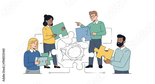 Diverse team collaborates on a large, intricate puzzle project, symbolizing unity and shared goals in a creative endeavor
