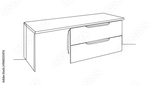 Integrated Pulls. Minimalistic one-line drawing furniture with handles incorporated into door edges, continuous single black line on white background, simple