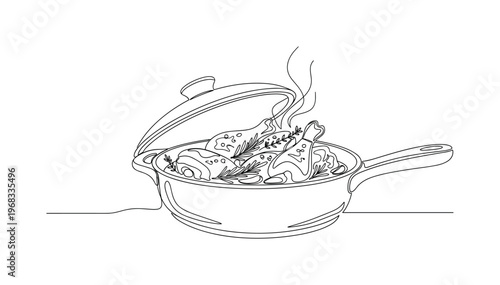 Braised Chicken. Minimalistic one-line drawing chicken pieces cooking slowly in covered pan with herbs, continuous single black line on white background,