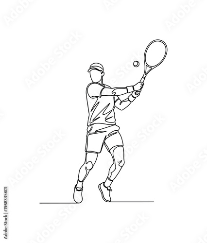 Tennis Backhand. Minimalistic one-line drawing player hitting backhand stroke, continuous single black line on white background, simple outline style, no