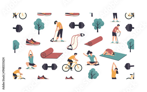 outdoor exercise motifs seamless pattern, repeating pattern, surface design, textile print, modern illustration of running shoes, dumbbells, yoga mats,