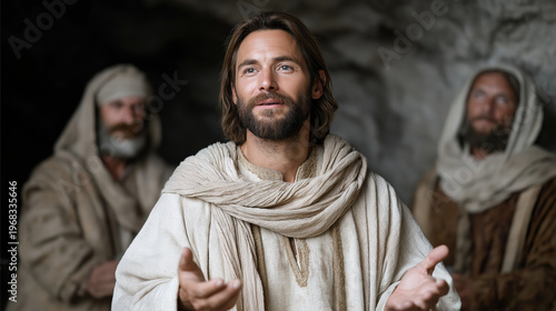 Resurrected Jesus Christ appearing to His disciples inside a humble house, bringing peace, wonder, and the first joyful moments after the resurrection