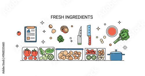 Fresh ingredients meal prep concept where fresh ingredients are chopped and organized in containers while tiny sparkle and star icons highlight planning,