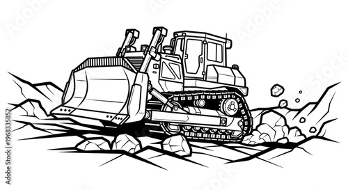 Bulldozer digging through rocky terrain.