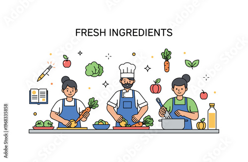Fresh ingredients cooking class scene where participants use fresh vegetables and fruits while small sparkle and leaf icons emphasize learning, creativity, and