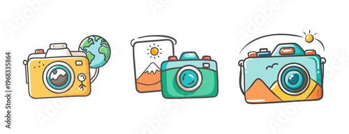 Obraz na plátne Creative vector icons depicting travel photography, featuring cameras with globes and scenic landscapes, for capturing memories