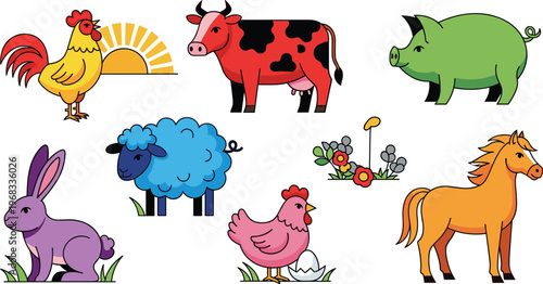Farm Animal Icons Set with Rooster, Cow, Pig, Sheep, Rabbit, Chicken, and Horse for Agriculture and Rural Life Illustrations