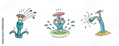 Slika na platnu Three cartoon water sprinklers in action, spraying water in different patterns