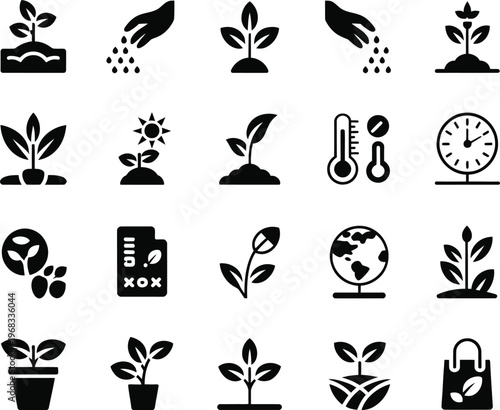 Black and white of plants and gardening tools on white background