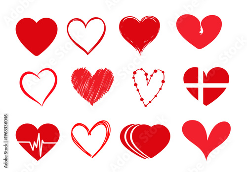Cute collection of red hand-drawn hearts in different poses with sketch style and freehand lines. Perfect for Valentine’s Day, romantic designs, cards, and love-themed projects.