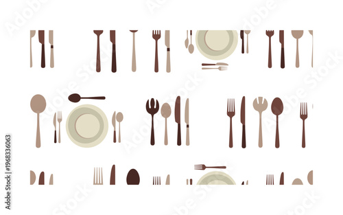 cutlery icons seamless pattern, repeating pattern, surface design, textile print, modern illustration of forks, knives, spoons, salad servers, teaspoons and
