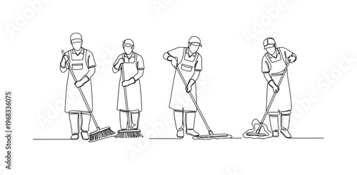 Cleaning Staff in Factory. Minimalistic one-line drawing industrial cleaners sweeping, mopping, and wiping surfaces, continuous single black line on white