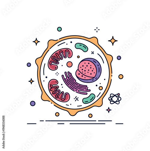 Biology animal cell scene where a colorful cell with lysosomes, mitochondria, and nucleus is illustrated while tiny sparkle and star icons emphasize life