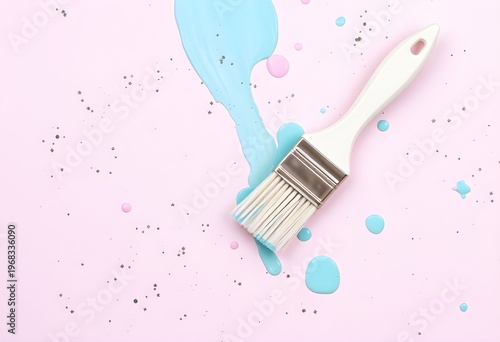 A paintbrush lies on a pink surface with blue paint splatters and droplets.