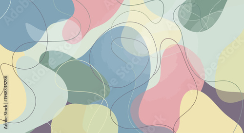 Abstract colorful background with pastel shapes and swirling lines in shades of pink, blue, green, and yellow on a white surface.