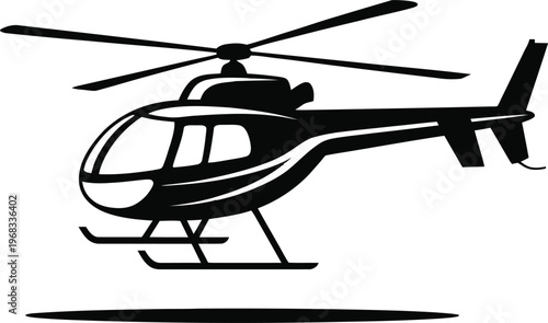 Black helicopter silhouette with rotor blades and landing skids