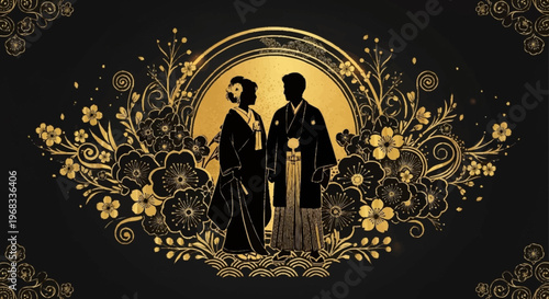 Alevidhanu couple stands amidst floral arrangements in golden hues at a ceremony