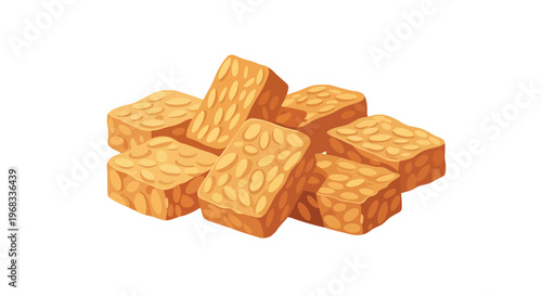 A pile of wholesome tempeh squares, a nutritious plant-based protein source, presented in a simple illustration on a clean white background