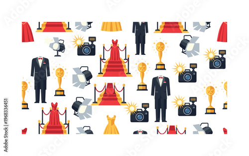 celebrity spotlight seamless pattern, repeating pattern, surface design, textile print, modern illustration of red carpets, gowns, tuxedos, cameras, awards,