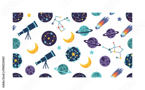 stargazing patterns seamless pattern, repeating pattern, surface design, textile print, modern illustration of star clusters, constellations, planets, moons,