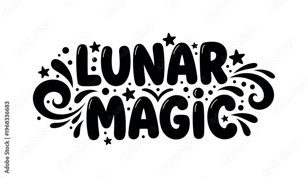 Obraz premium Lunar Magic. lettering and all elements in black. Vector style. AWhite background. Pure white background. Perfect isolation and visual consistency. Funky