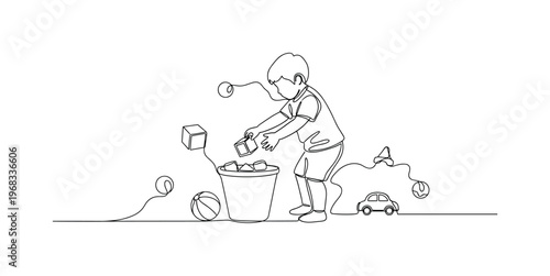 Toy Cleanup. Minimalistic one-line drawing child picking up scattered toys and placing them into basket, continuous single black line on white background,