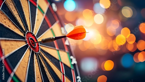 Dart hits the bullseye on a dartboard with colorful lights.
