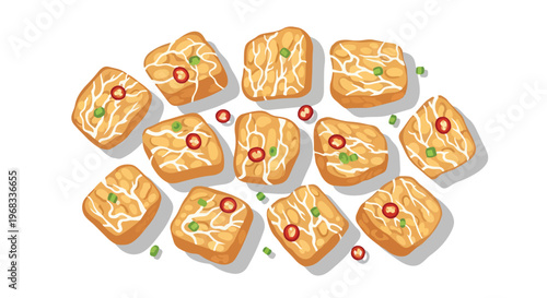 A delightful arrangement of savory, golden-brown fried tofu cubes seasoned with chili and scallions, presented on a clean white background