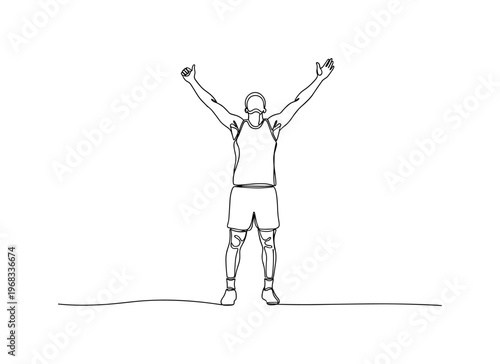 Victory Pose. Minimalistic one-line drawing athlete standing with arms stretched high in triumph, continuous single black line on white background, simple