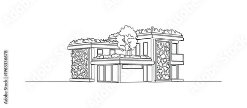 Green Sustainable Home. Minimalistic one-line drawing eco-friendly house with plant-based construction elements, continuous single black line on