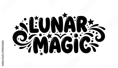 Lunar Magic. lettering and all elements in black. Vector style. AWhite background. Pure white background. Perfect isolation and visual consistency. Funky
