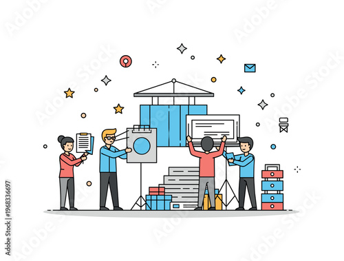 Stage props theatrical rehearsal scene where a director and crew adjust props while small sparkle and star icons emphasize planning, organization,