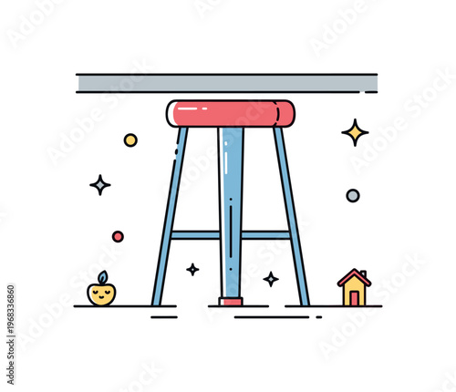 Bar stool leg kitchen scene where a modern bar stool leg is tucked under a counter while tiny sparkle and star icons emphasize home interior, functionality,