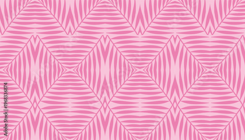 Pink tropical palm leaf geometric seamless pattern. Abstract summer vector background with diamond shapes