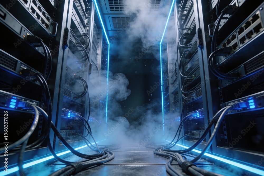 Fototapeta premium Server room racks with glowing blue lights cables and digital smoke effect