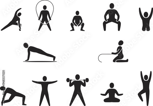 Black silhouettes of people exercising with various equipment fitness