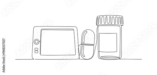 Prescription Illustration. Minimalistic one-line drawing tablet, capsule, and pill bottle on white background, continuous single black line on white