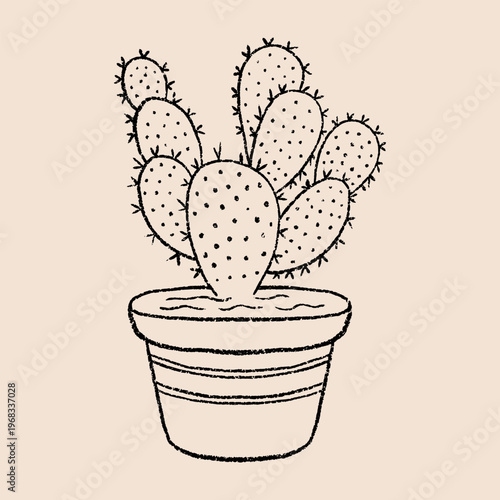 Hand drawn minimalist cactus in pot vector illustration. Simple potted cactus doodle sketch isolated for modern decor and botanical branding